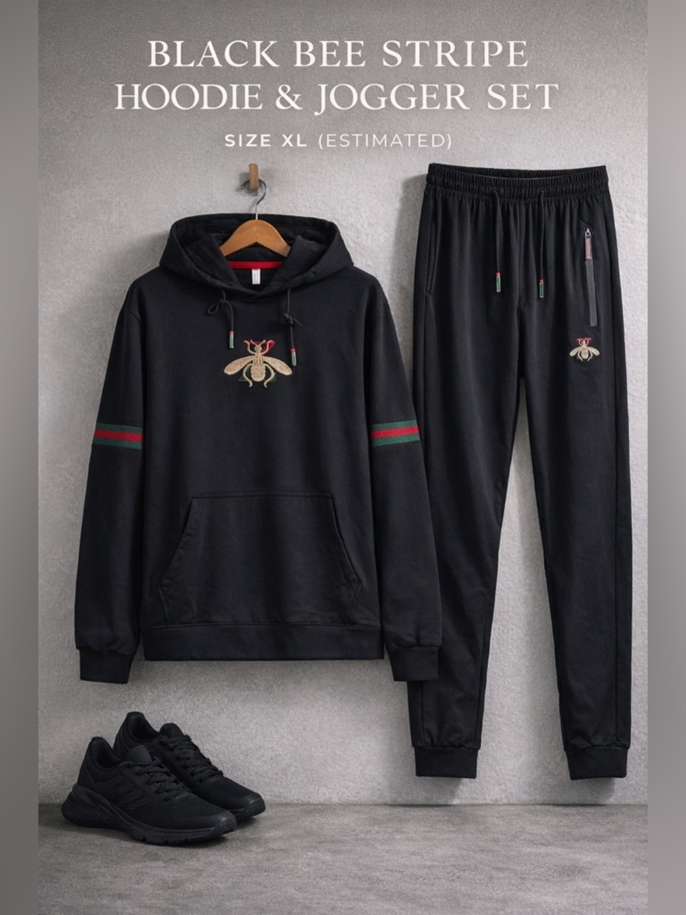 Generic Black Bee Stripe Hoodie & Jogger Set XL Streetwear Tracksuit
